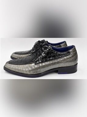 Roberto Chillini Croc-Embossed Leather Dress Shoes - Black & Silver Size 11